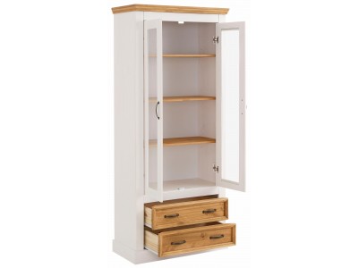 Cristaleira vitrine de madeira maciça branco lavado e cera com duas gavetas | Coleção England